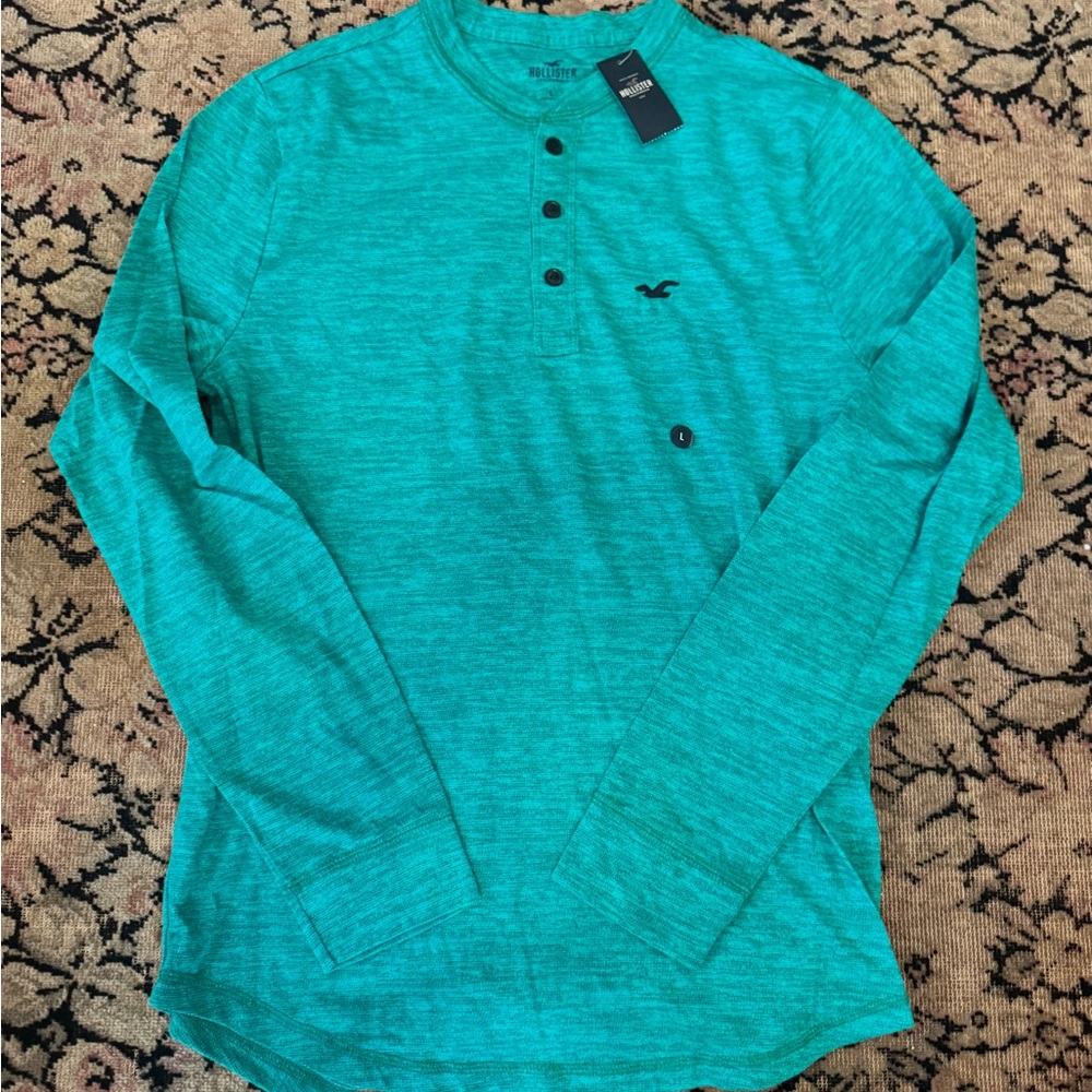 NWT Hollister Men's Aqua Long Sleeve Henley